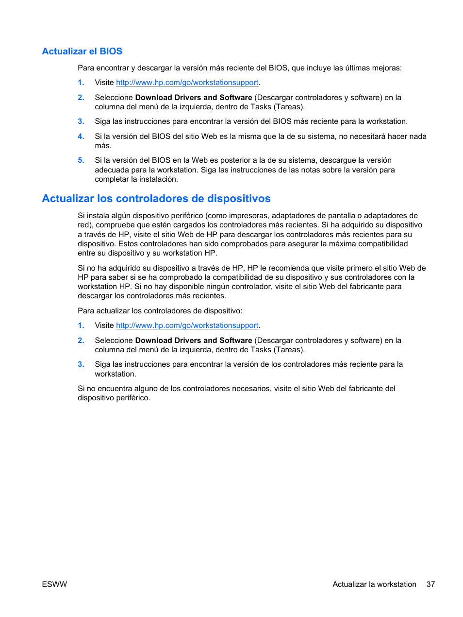 Actualizar el bios, Actualizar los controladores de dispositivos, Actualizar los | HP Estación de trabajo HP Z600 User Manual | Page 45 / 78