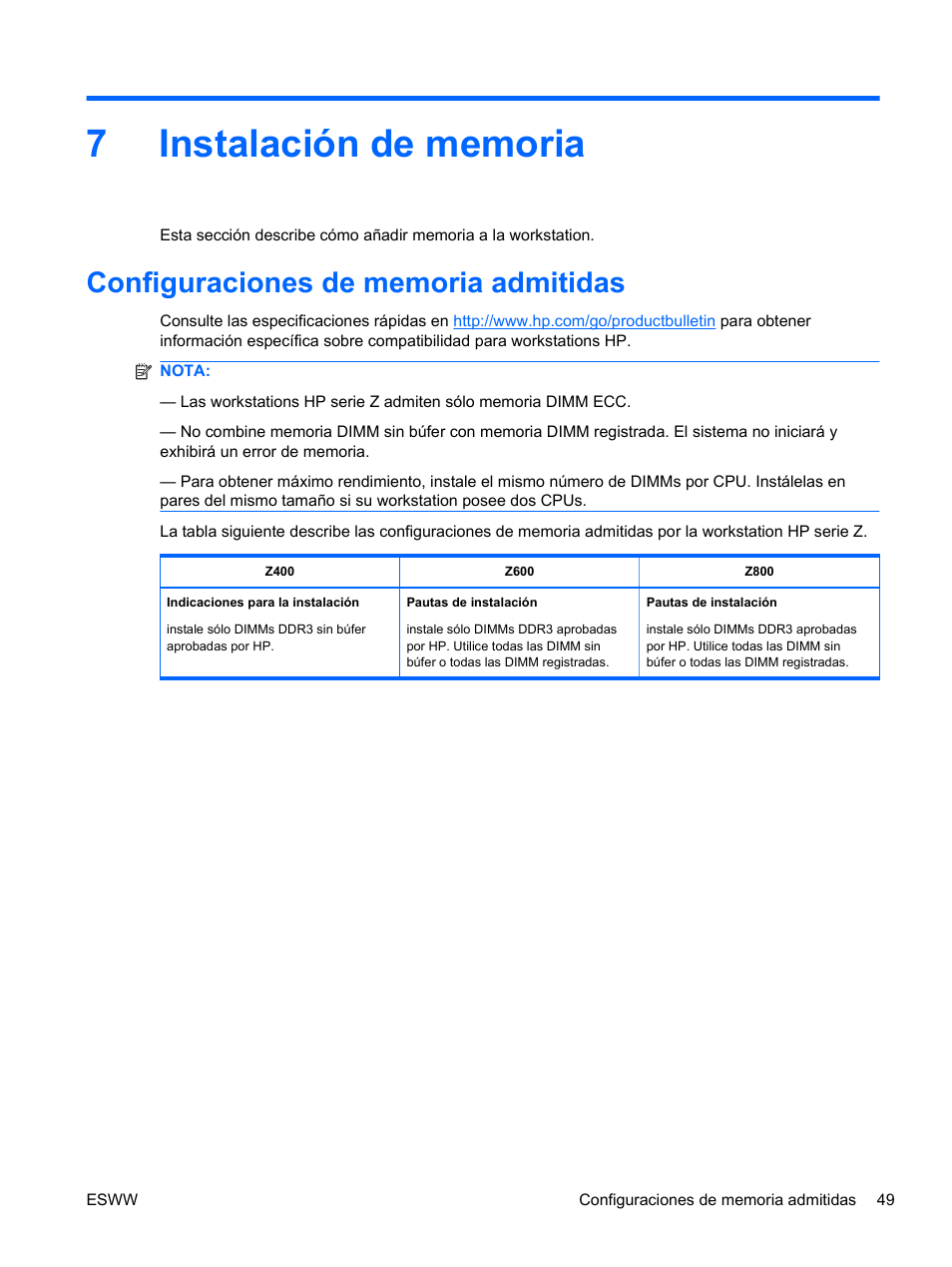 Instalación de memoria, Configuraciones de memoria admitidas, 7 instalación de memoria | HP Estación de trabajo HP Z600 User Manual | Page 57 / 78