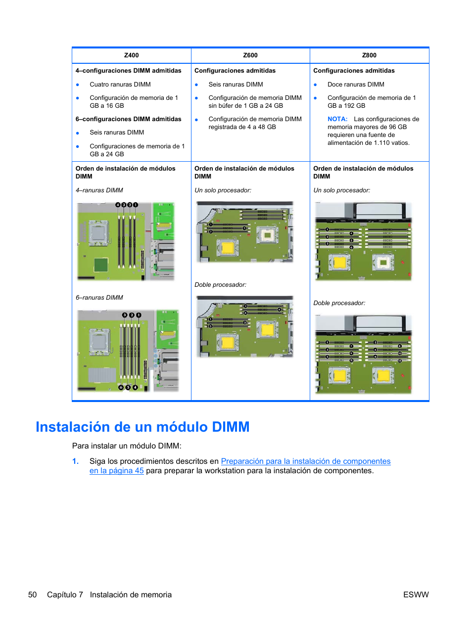 Instalación de un módulo dimm | HP Estación de trabajo HP Z600 User Manual | Page 58 / 78