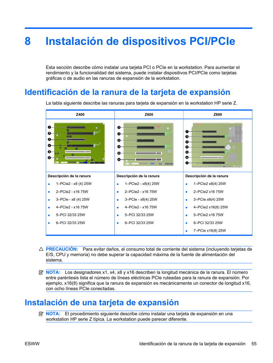 Instalación de dispositivos pci/pcie, Instalación de una tarjeta de expansión, 8 instalación de dispositivos pci/pcie | 8instalación de dispositivos pci/pcie | HP Estación de trabajo HP Z600 User Manual | Page 63 / 78