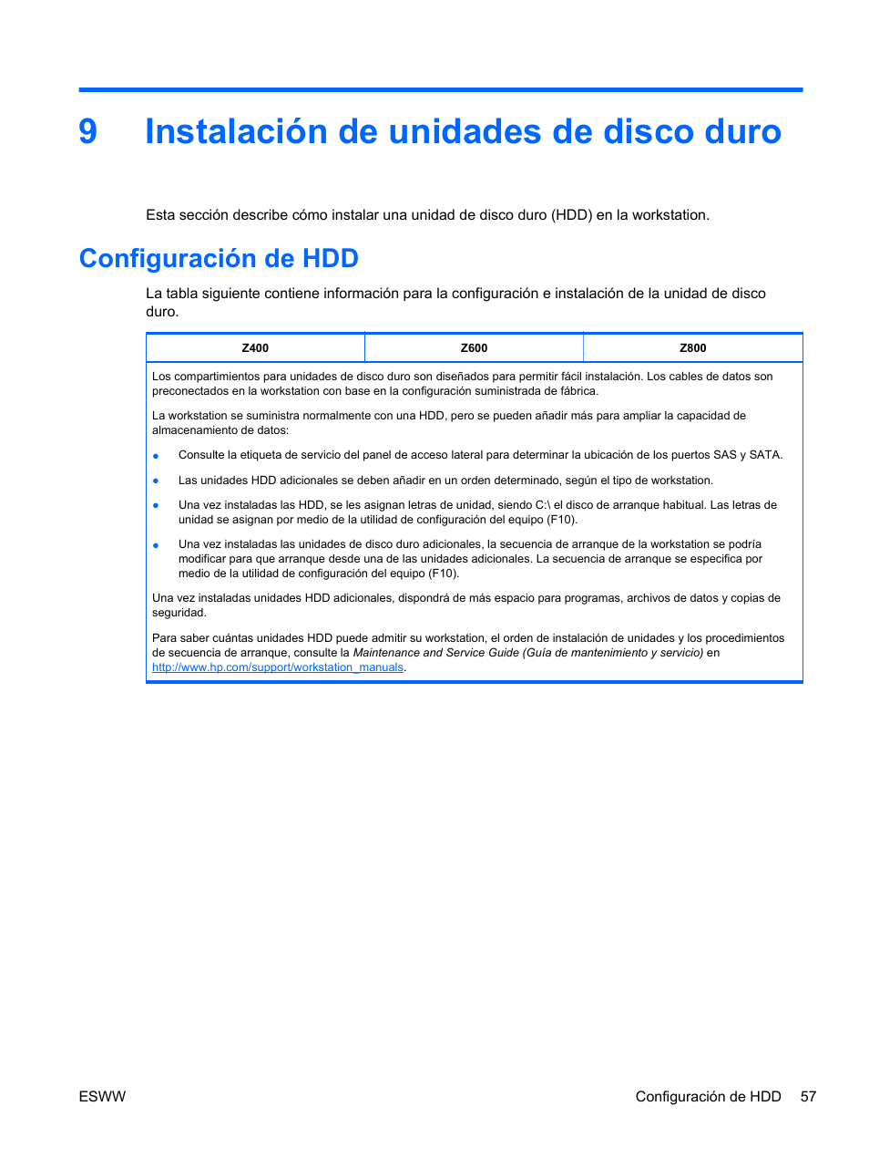 Instalación de unidades de disco duro, Configuración de hdd, 9 instalación de unidades de disco duro | 9instalación de unidades de disco duro | HP Estación de trabajo HP Z600 User Manual | Page 65 / 78