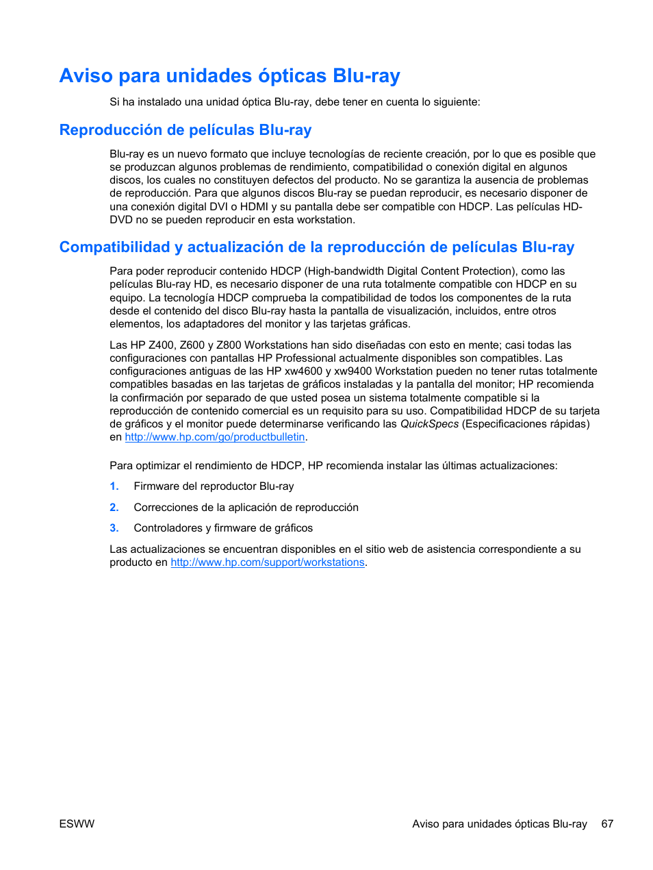 Aviso para unidades ópticas blu-ray, Reproducción de películas blu-ray | HP Estación de trabajo HP Z600 User Manual | Page 75 / 78