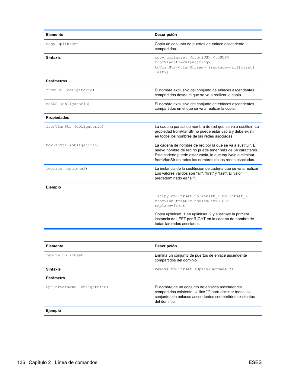 136 capítulo 2 línea de comandos eses | HP Módulo Ethernet de conexión virtual HP Flex-10 10Gb para BladeSystem clase-c User Manual | Page 143 / 221