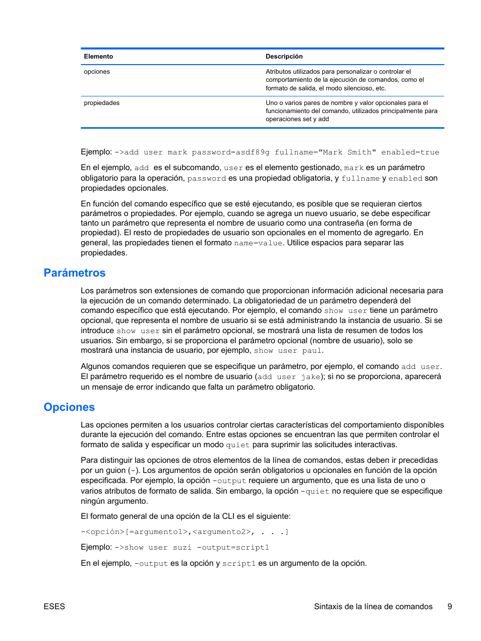 Parámetros, Opciones, Parámetros opciones | HP Módulo Ethernet de conexión virtual HP Flex-10 10Gb para BladeSystem clase-c User Manual | Page 16 / 221