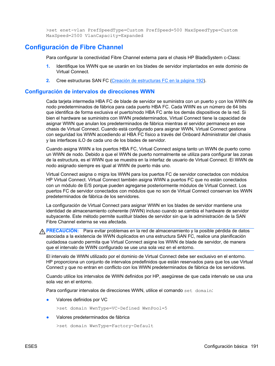 Configuración de fibre channel, Configuración de intervalos de direcciones wwn | HP Módulo Ethernet de conexión virtual HP Flex-10 10Gb para BladeSystem clase-c User Manual | Page 198 / 221