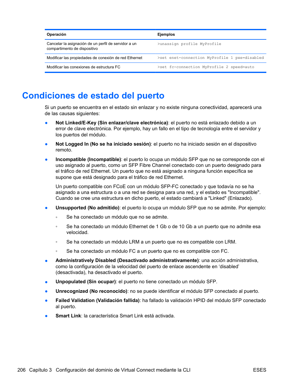 Condiciones de estado del puerto, Condiciones de | HP Módulo Ethernet de conexión virtual HP Flex-10 10Gb para BladeSystem clase-c User Manual | Page 213 / 221