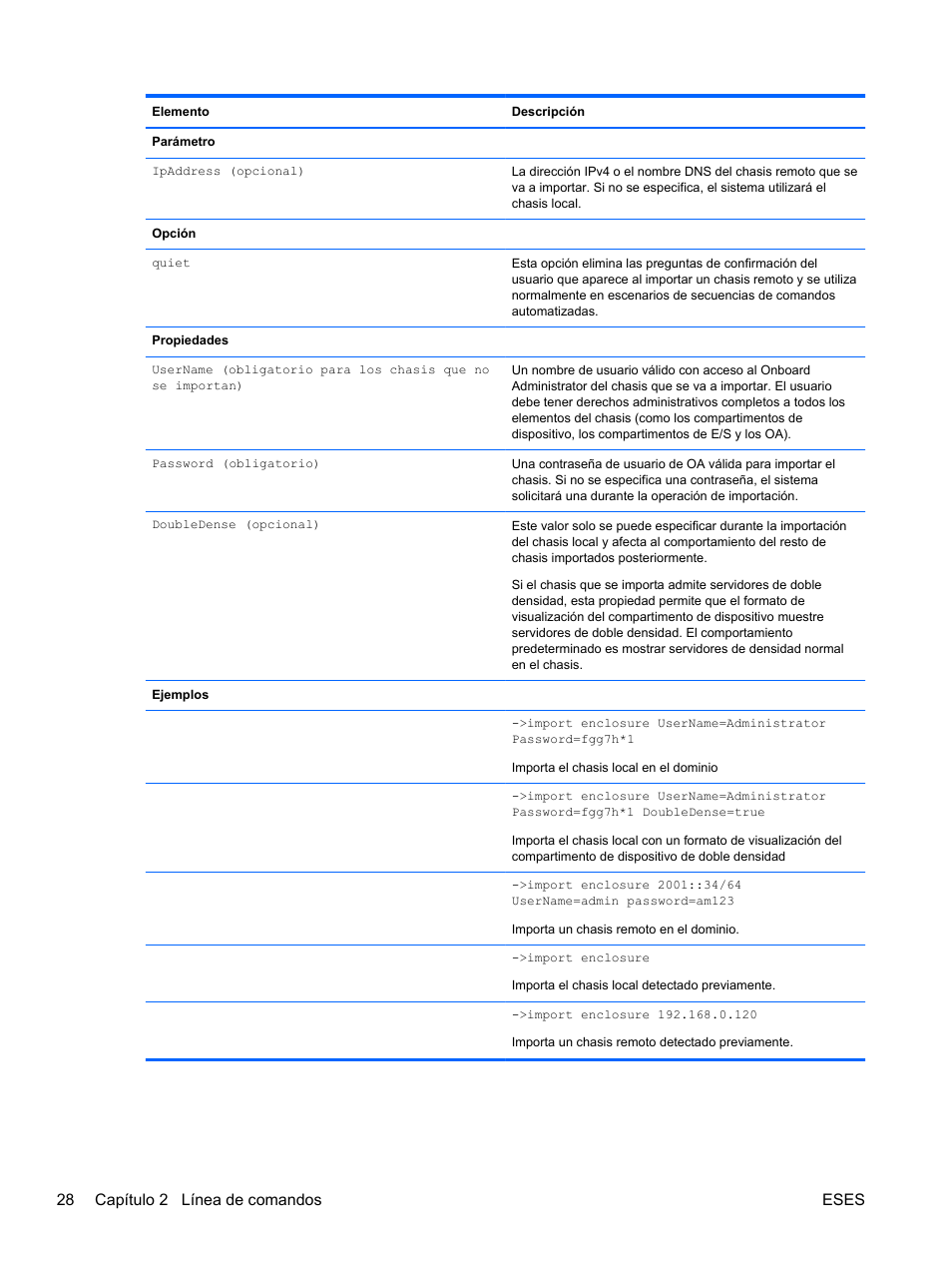 28 capítulo 2 línea de comandos eses | HP Módulo Ethernet de conexión virtual HP Flex-10 10Gb para BladeSystem clase-c User Manual | Page 35 / 221