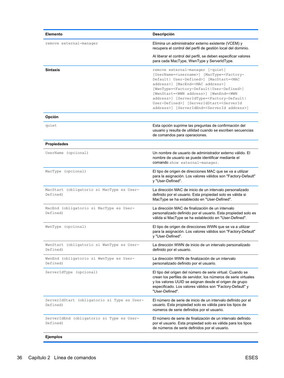36 capítulo 2 línea de comandos eses | HP Módulo Ethernet de conexión virtual HP Flex-10 10Gb para BladeSystem clase-c User Manual | Page 43 / 221