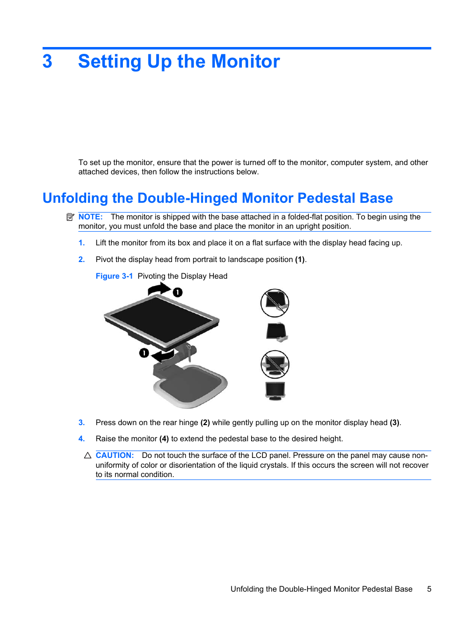 Setting up the monitor, Unfolding the double-hinged monitor pedestal base, 3 setting up the monitor | 3setting up the monitor | HP L1910 19-inch LCD Monitor User Manual | Page 13 / 67