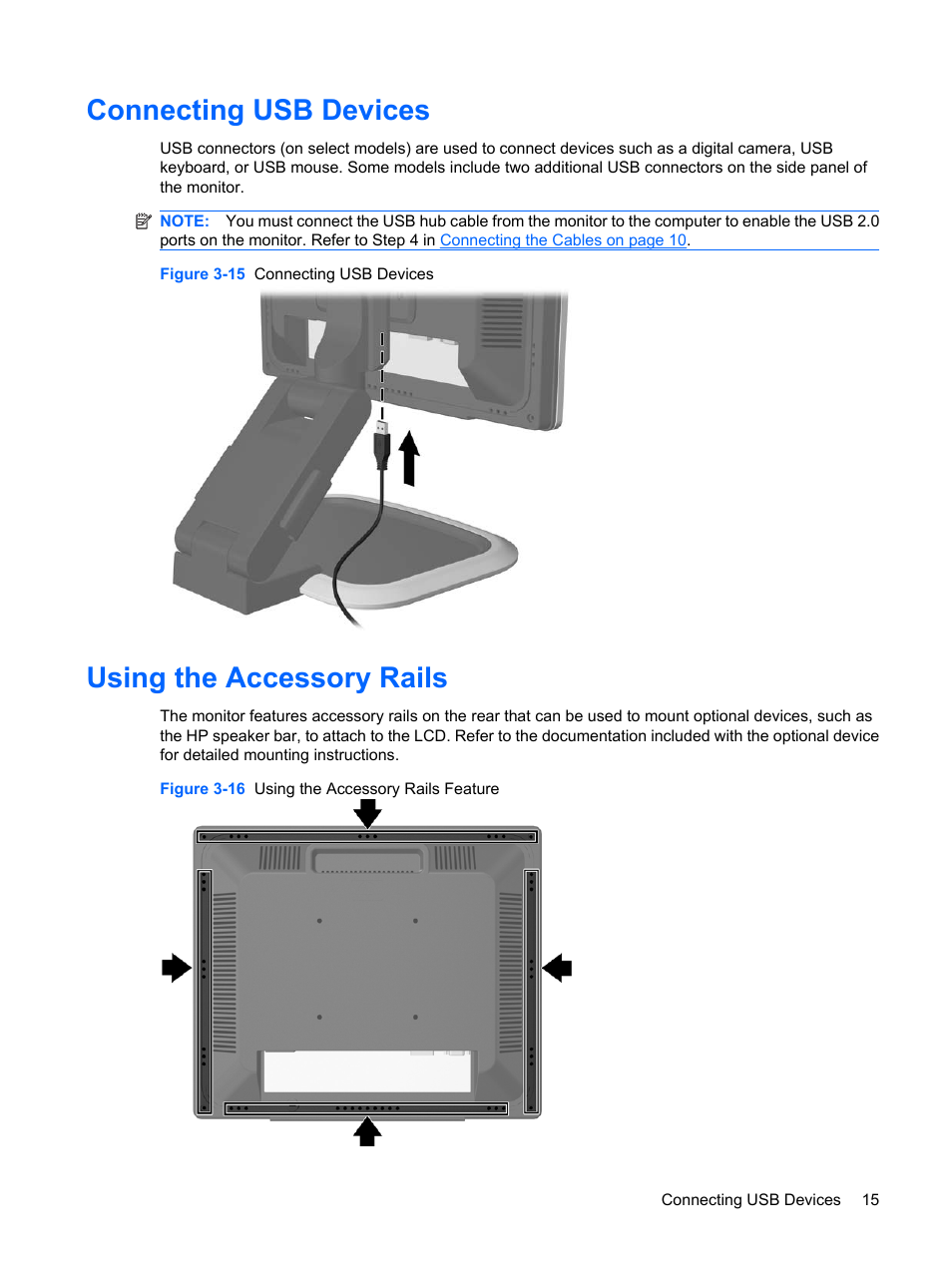 Connecting usb devices, Using the accessory rails, Connecting usb devices using the accessory rails | HP L1910 19-inch LCD Monitor User Manual | Page 23 / 67