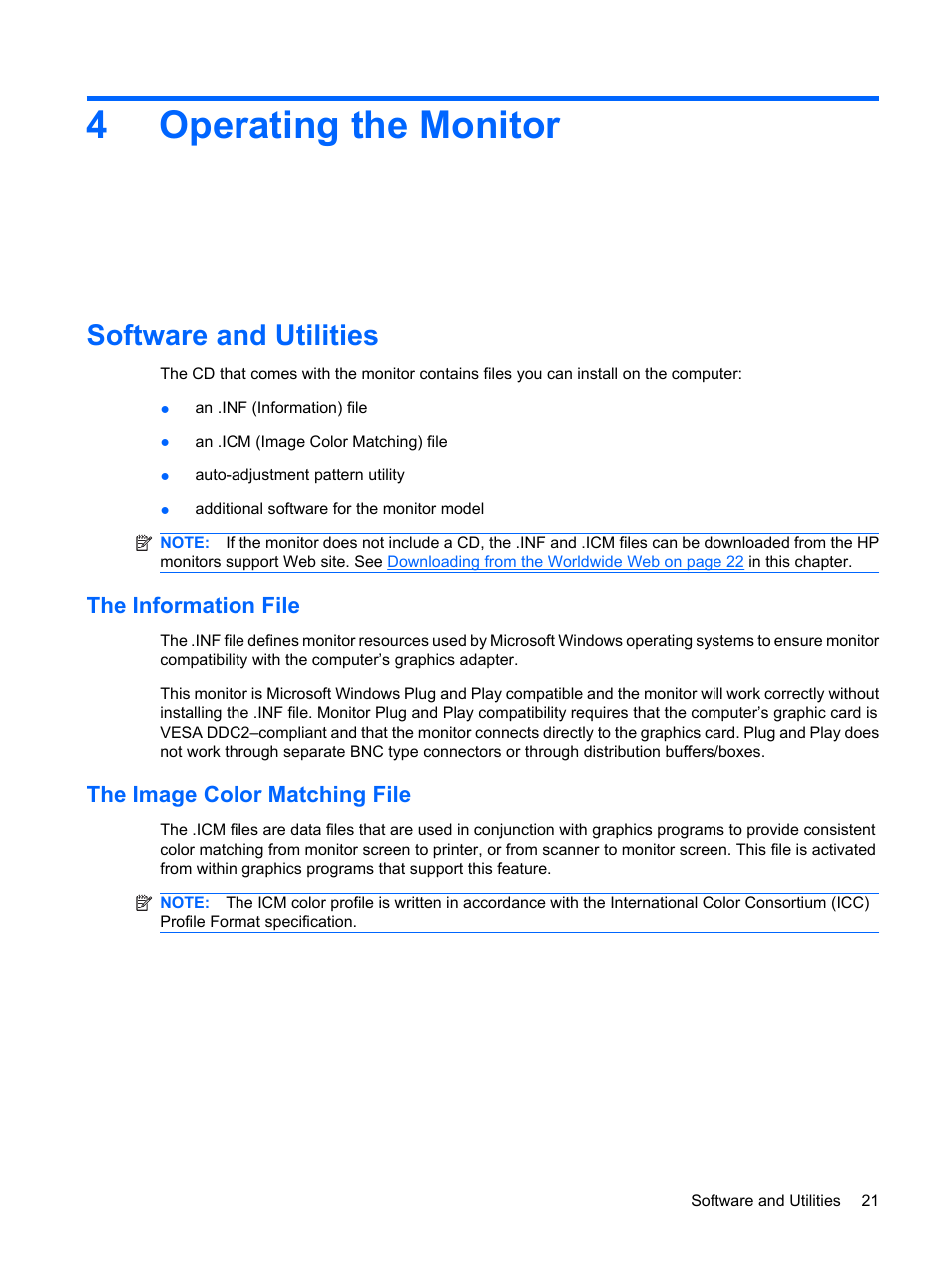 Operating the monitor, Software and utilities, The information file | The image color matching file, 4 operating the monitor, The information file the image color matching file, 4operating the monitor | HP L1910 19-inch LCD Monitor User Manual | Page 29 / 67