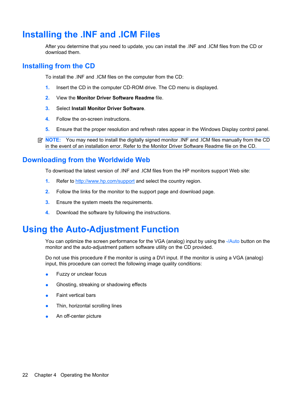 Installing the .inf and .icm files, Installing from the cd, Downloading from the worldwide web | Using the auto-adjustment function | HP L1910 19-inch LCD Monitor User Manual | Page 30 / 67