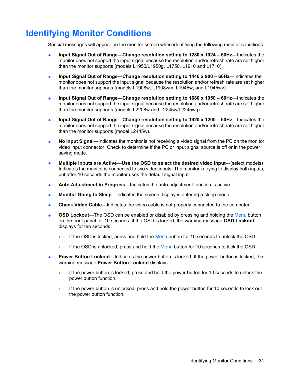 Identifying monitor conditions | HP L1910 19-inch LCD Monitor User Manual | Page 39 / 67