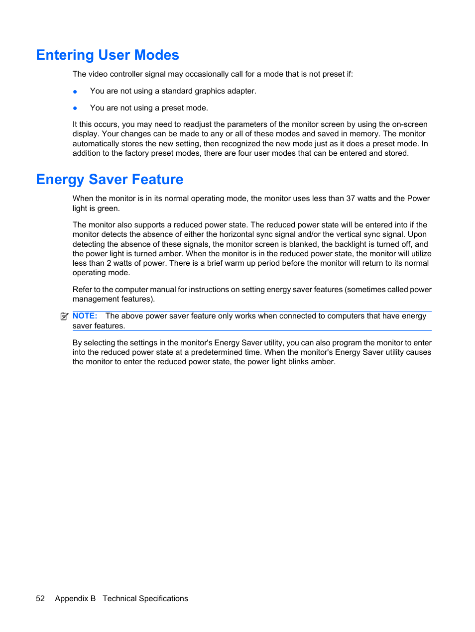 Entering user modes, Energy saver feature, Entering user modes energy saver feature | HP L1910 19-inch LCD Monitor User Manual | Page 60 / 67