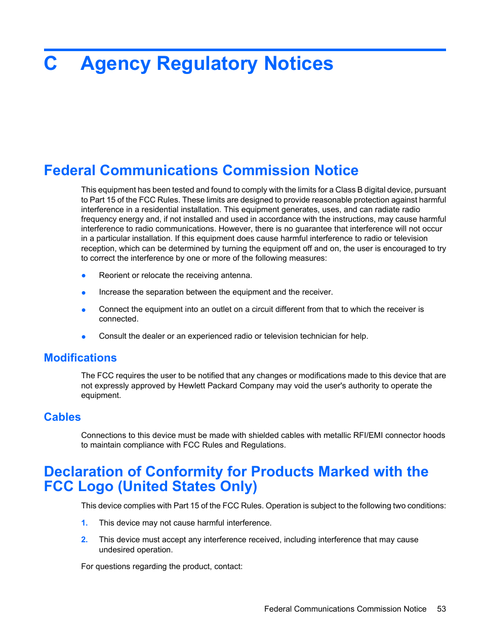 Agency regulatory notices, Federal communications commission notice, Modifications | Cables, Appendix c agency regulatory notices, Modifications cables, Cagency regulatory notices | HP L1910 19-inch LCD Monitor User Manual | Page 61 / 67