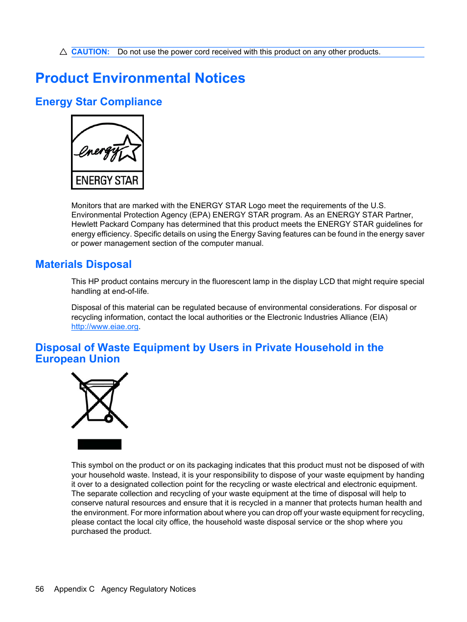 Product environmental notices, Energy star compliance, Materials disposal | HP L1910 19-inch LCD Monitor User Manual | Page 64 / 67