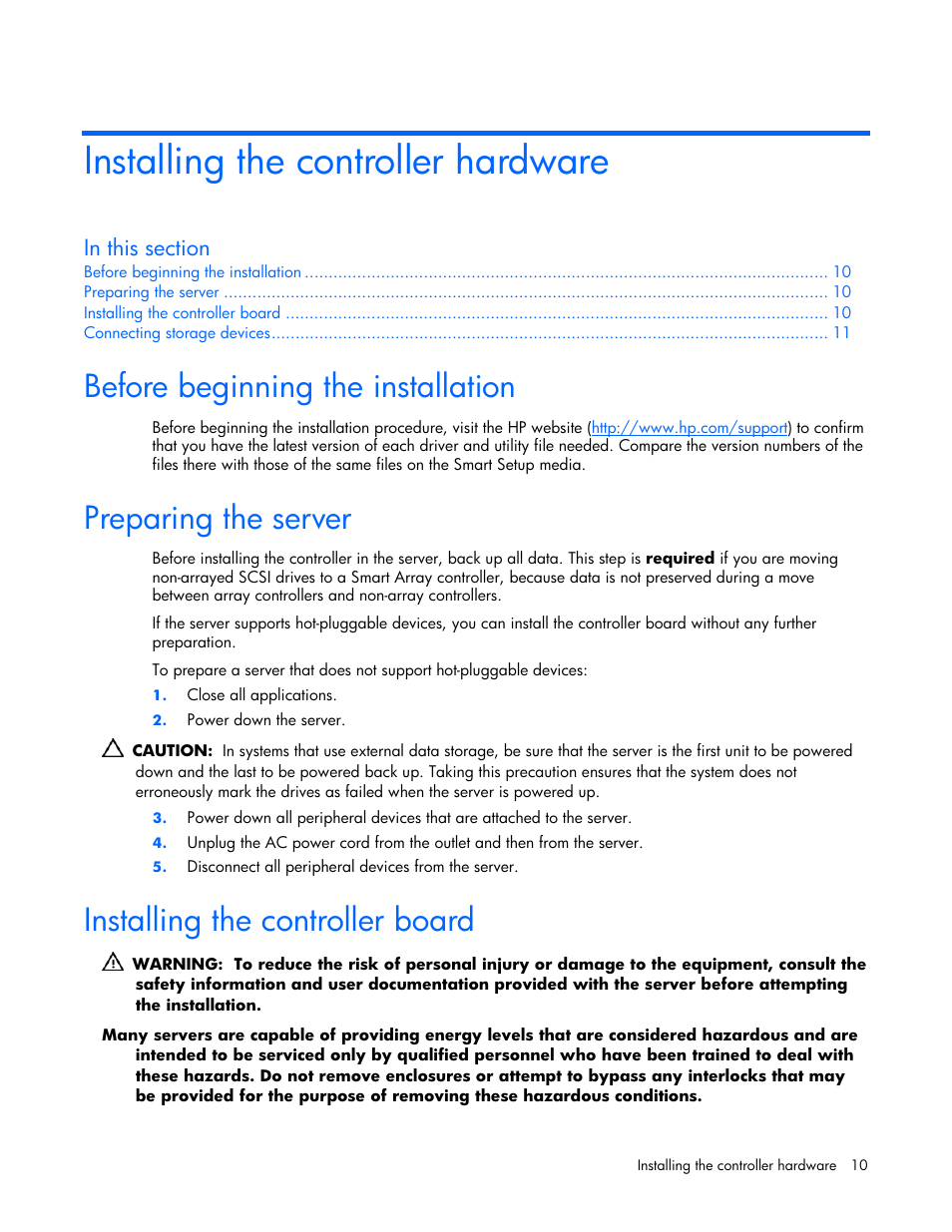 Installing the controller hardware, Before beginning the installation, Preparing the server | Installing the controller board | HP Integrity rx4640 Server User Manual | Page 10 / 42