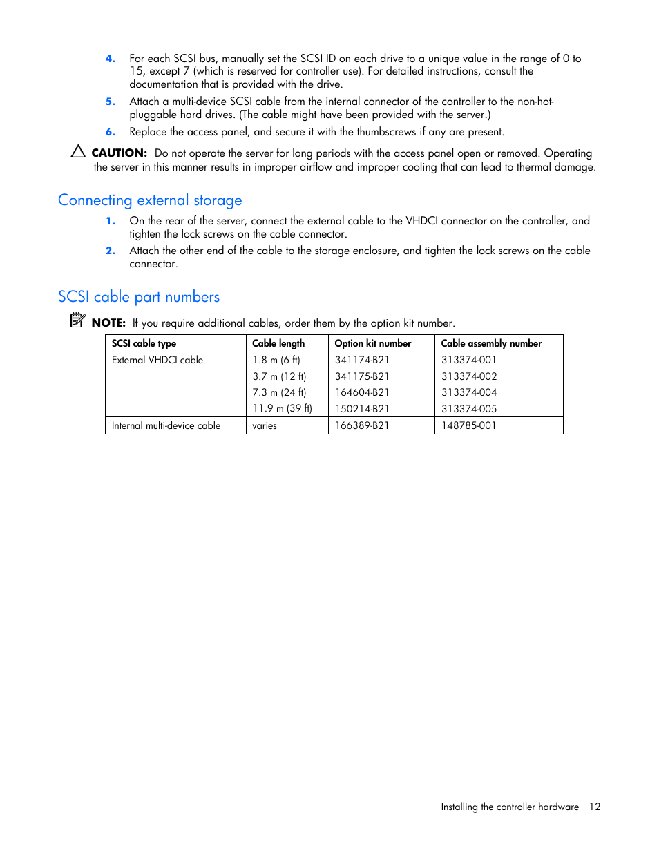 Connecting external storage, Scsi cable part numbers | HP Integrity rx4640 Server User Manual | Page 12 / 42