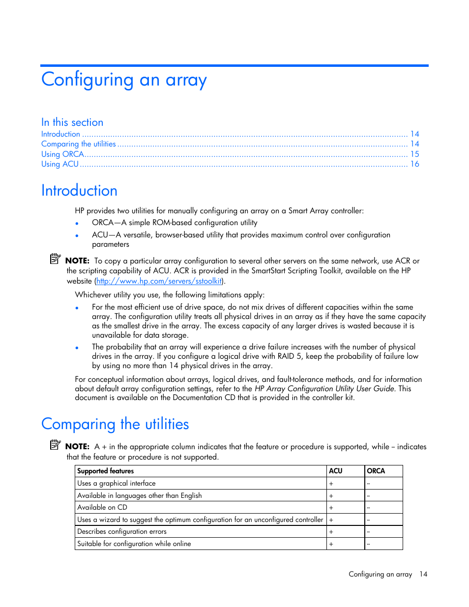 Configuring an array, Introduction, Comparing the utilities | HP Integrity rx4640 Server User Manual | Page 14 / 42