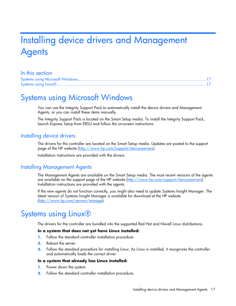 Installing device drivers and management agents, Systems using microsoft windows, Installing device drivers | Installing management agents, Systems using linux | HP Integrity rx4640 Server User Manual | Page 17 / 42