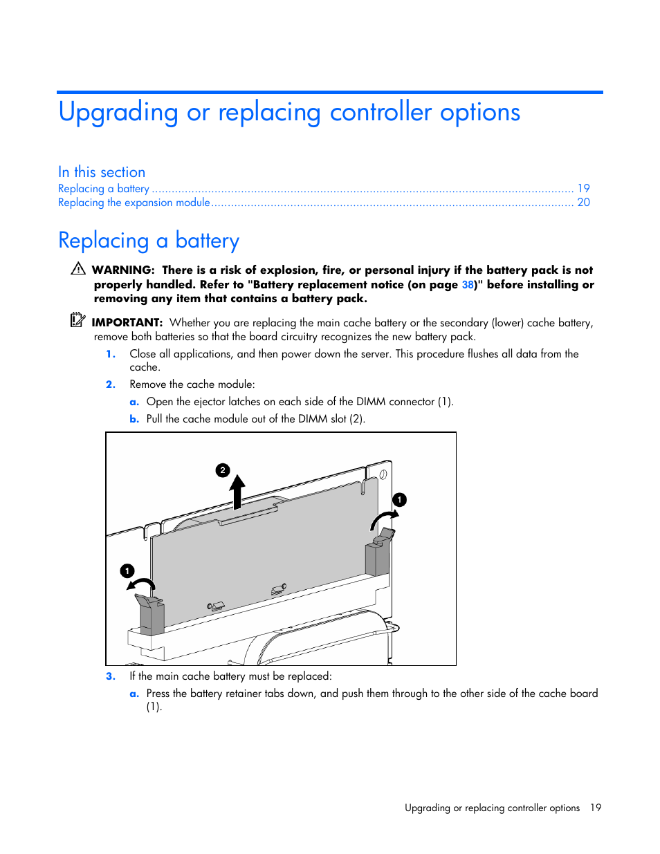 Upgrading or replacing controller options, Replacing a battery | HP Integrity rx4640 Server User Manual | Page 19 / 42