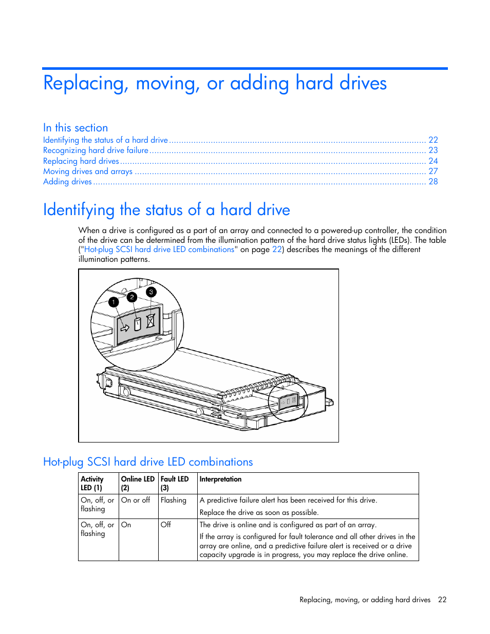 Replacing, moving, or adding hard drives, Identifying the status of a hard drive, Hot-plug scsi hard drive led combinations | And consu | HP Integrity rx4640 Server User Manual | Page 22 / 42