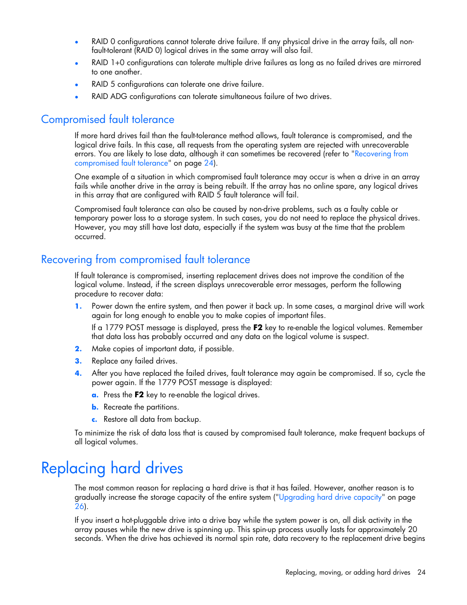 Compromised fault tolerance, Recovering from compromised fault tolerance, Replacing hard drives | HP Integrity rx4640 Server User Manual | Page 24 / 42