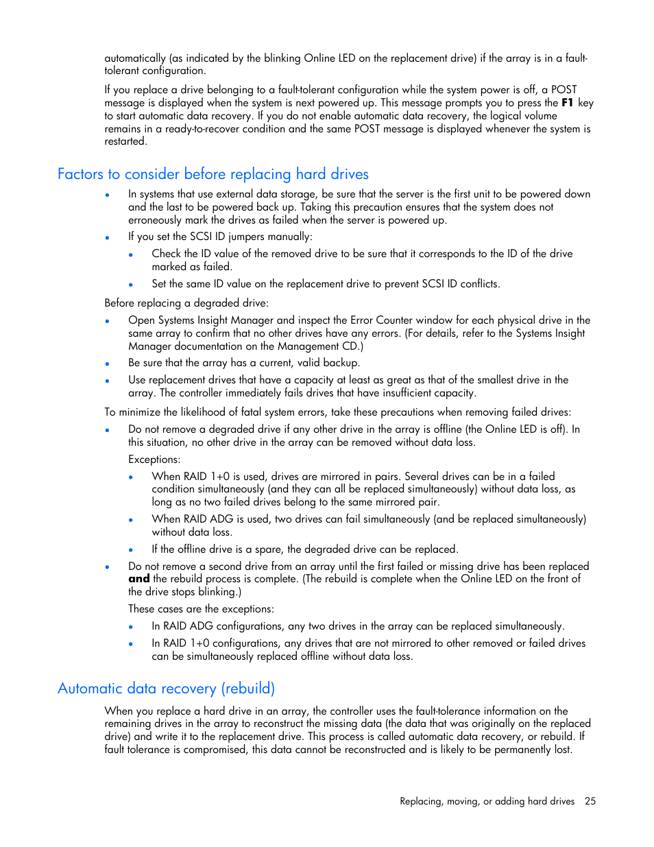 Factors to consider before replacing hard drives, Automatic data recovery (rebuild) | HP Integrity rx4640 Server User Manual | Page 25 / 42