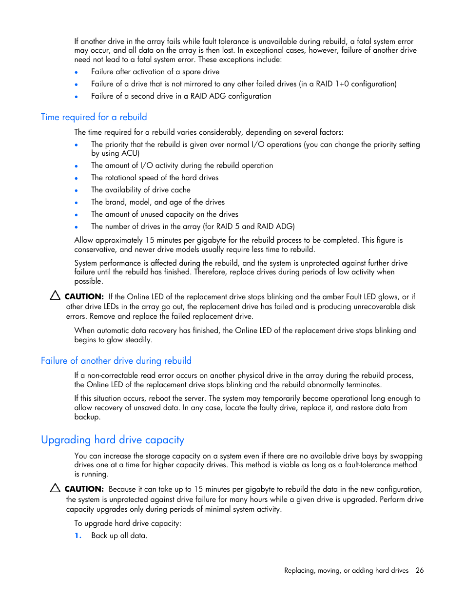 Time required for a rebuild, Failure of another drive during rebuild, Upgrading hard drive capacity | Apacity of the entire system | HP Integrity rx4640 Server User Manual | Page 26 / 42