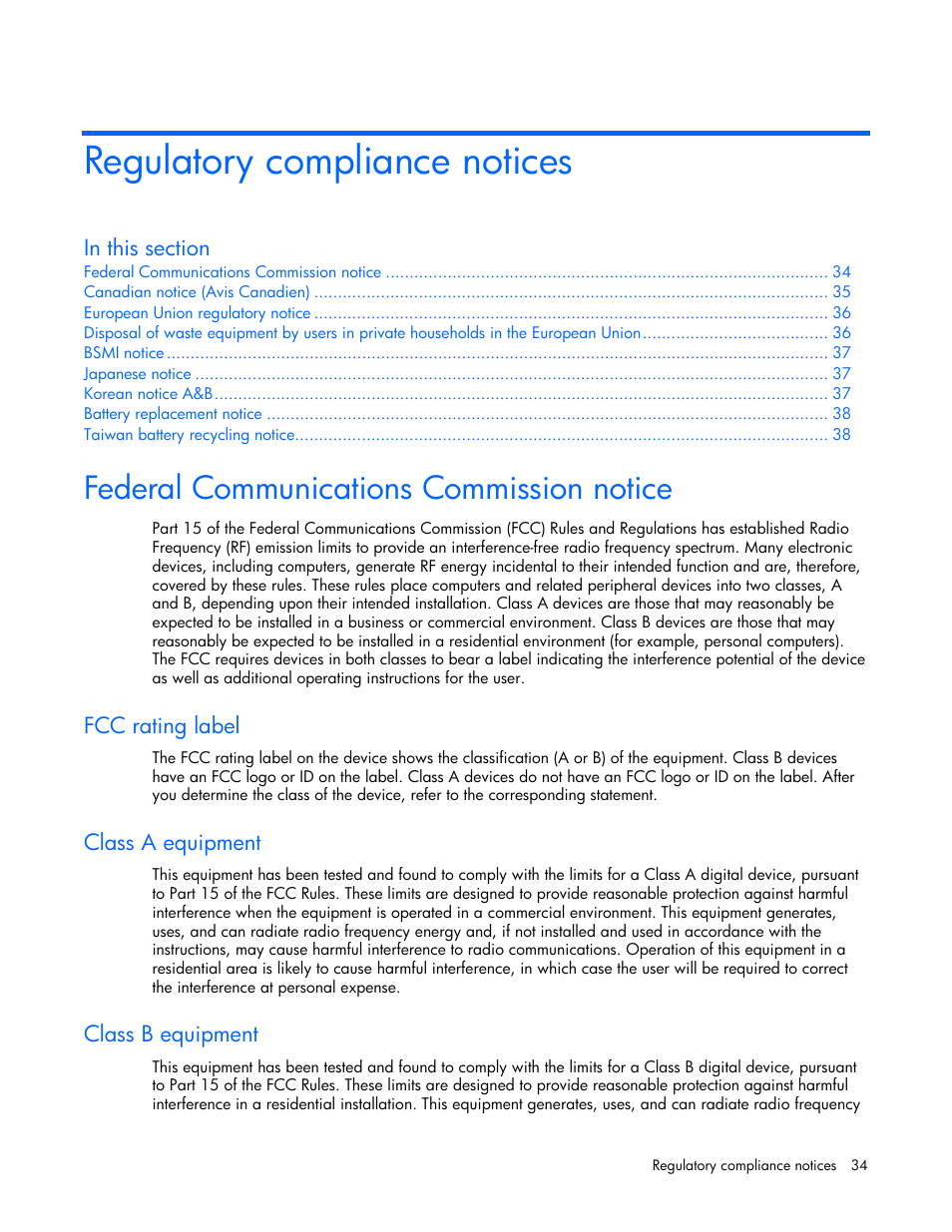 Regulatory compliance notices, Federal communications commission notice, Fcc rating label | Class a equipment, Class b equipment | HP Integrity rx4640 Server User Manual | Page 34 / 42