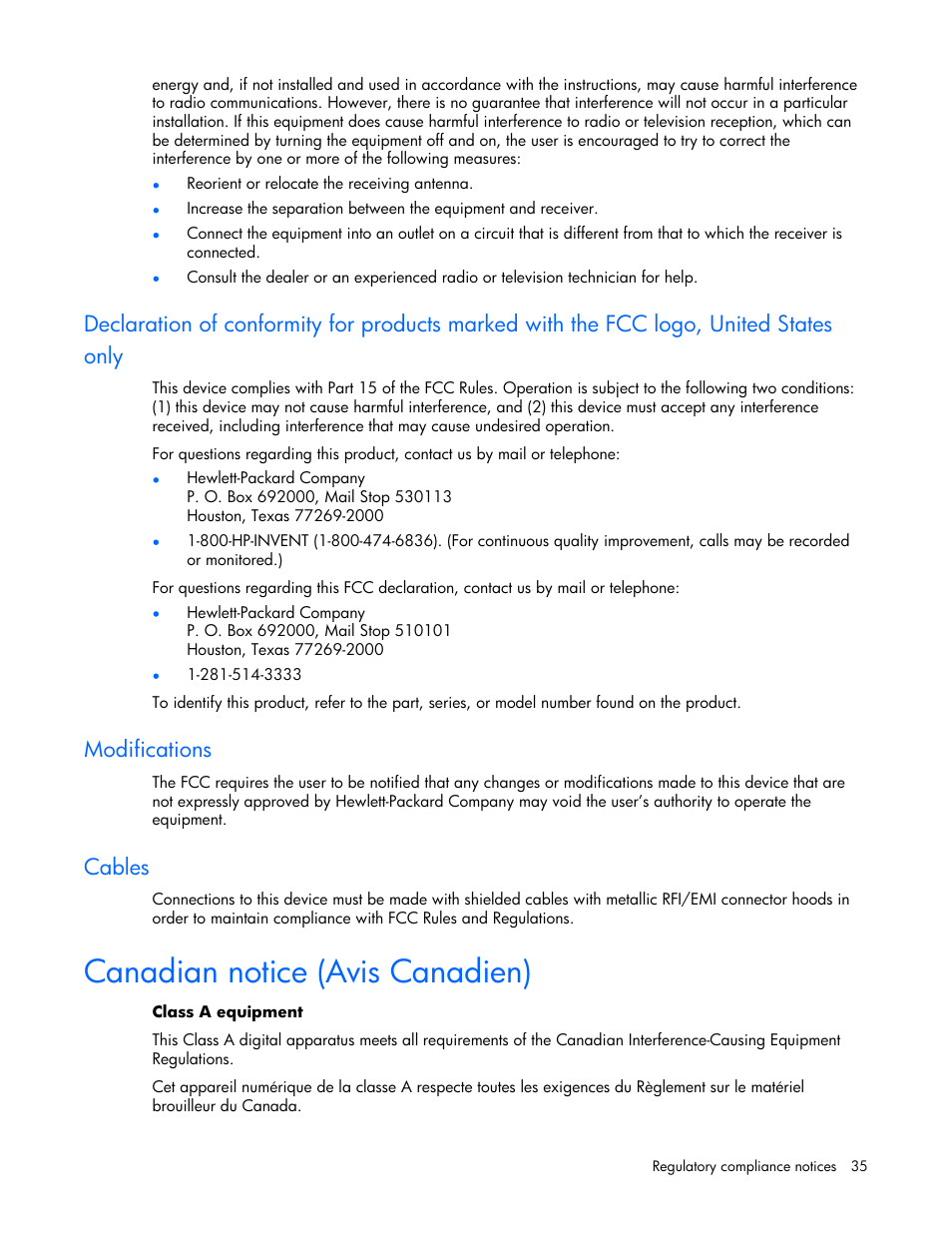 Modifications, Cables, Canadian notice (avis canadien) | HP Integrity rx4640 Server User Manual | Page 35 / 42