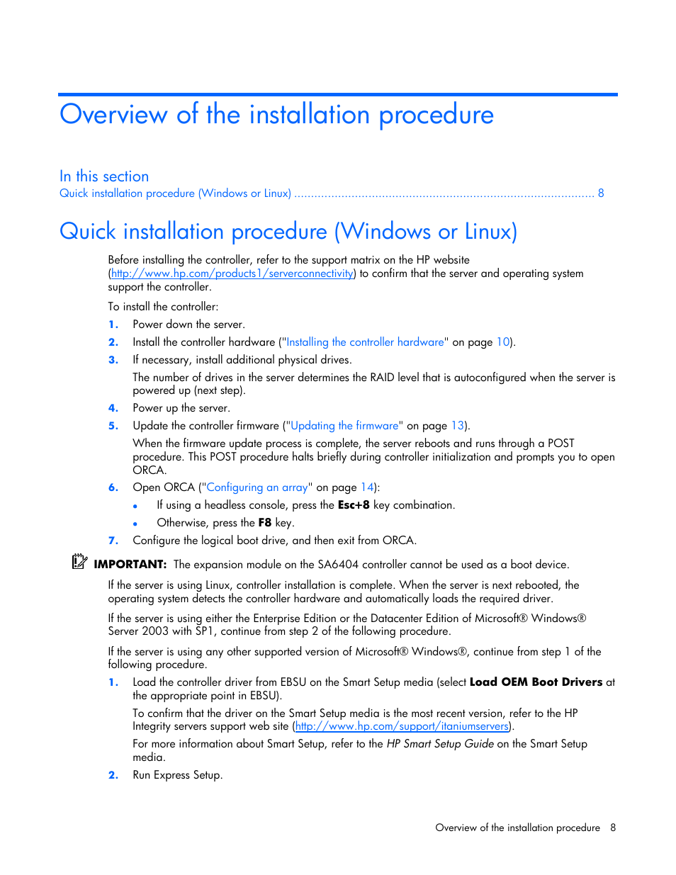 Overview of the installation procedure, Quick installation procedure (windows or linux) | HP Integrity rx4640 Server User Manual | Page 8 / 42