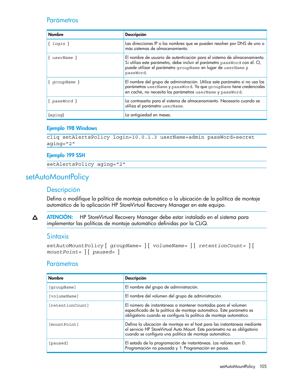 Setautomountpolicy, Parámetros, Descripción | Sintaxis | HP Software de dispositivo HP LeftHand P4000 Virtual SAN User Manual | Page 105 / 127