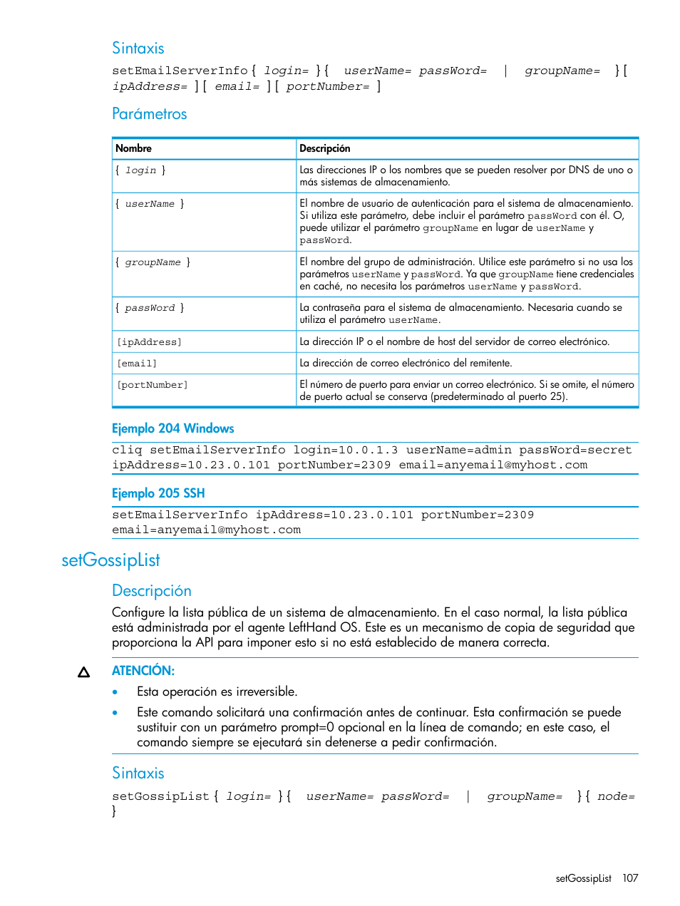 Setgossiplist, Sintaxis, Parámetros | Descripción | HP Software de dispositivo HP LeftHand P4000 Virtual SAN User Manual | Page 107 / 127