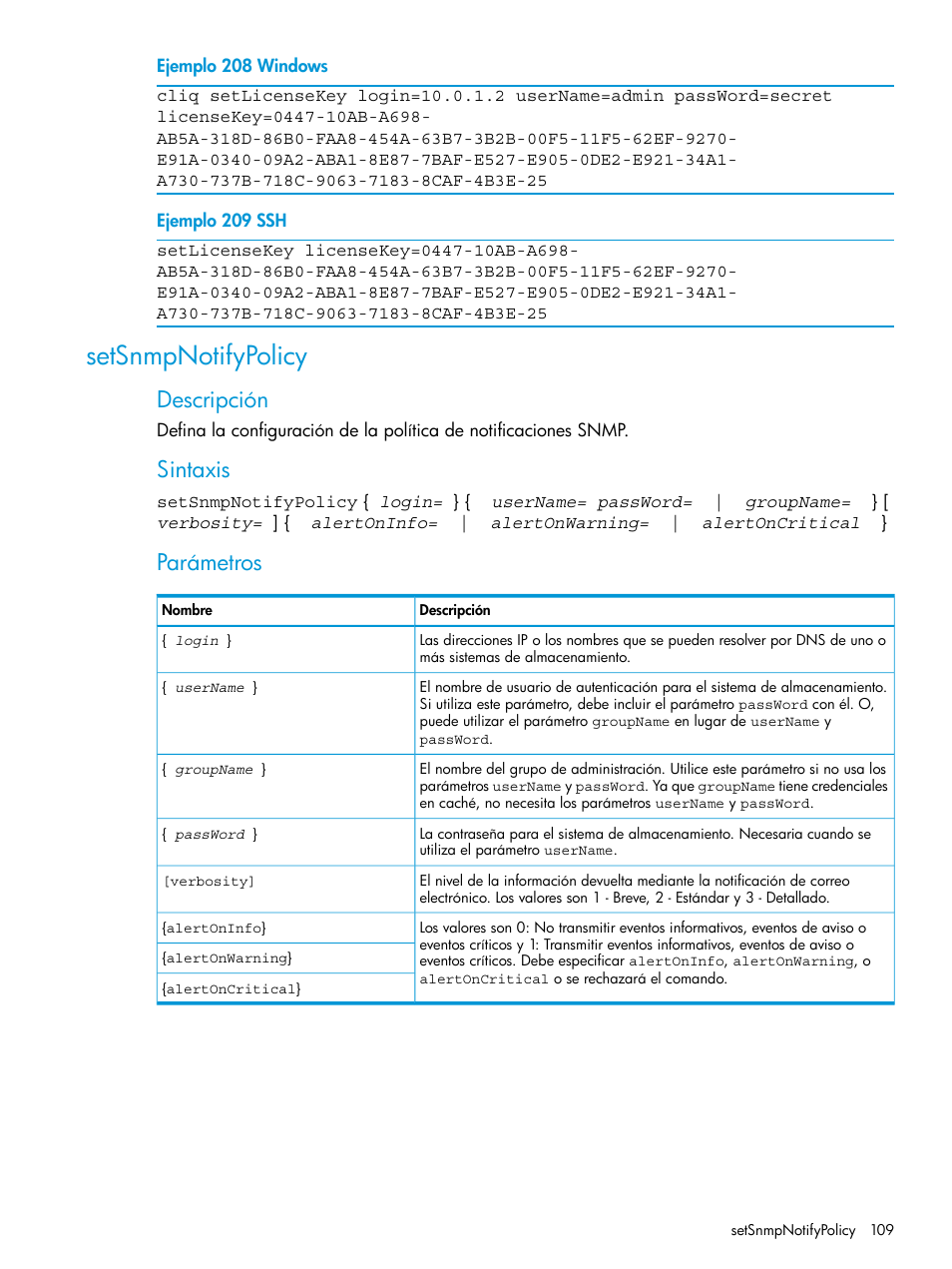 Setsnmpnotifypolicy, Descripción, Sintaxis | Parámetros | HP Software de dispositivo HP LeftHand P4000 Virtual SAN User Manual | Page 109 / 127