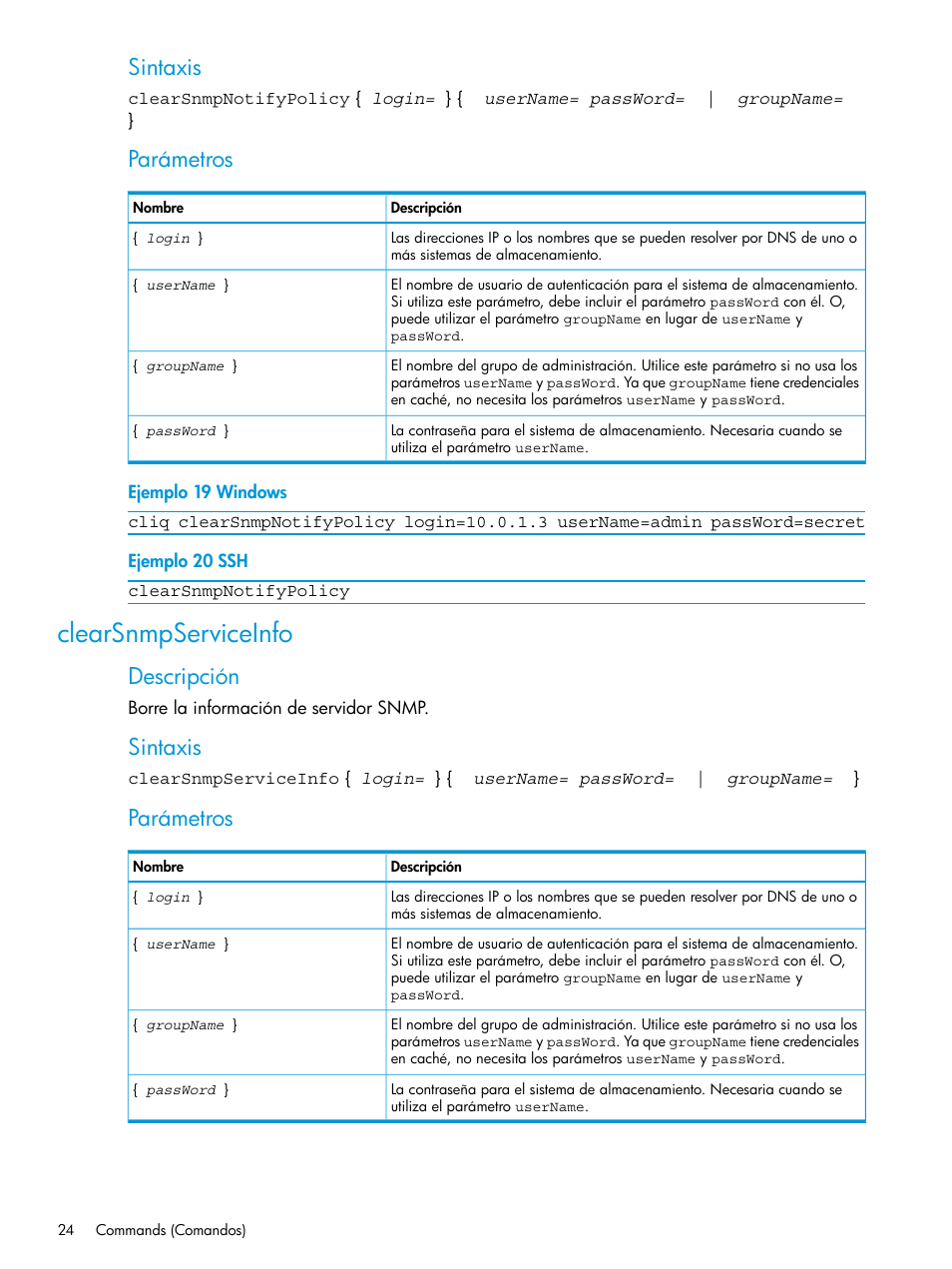 Clearsnmpserviceinfo, Sintaxis, Parámetros | Descripción | HP Software de dispositivo HP LeftHand P4000 Virtual SAN User Manual | Page 24 / 127