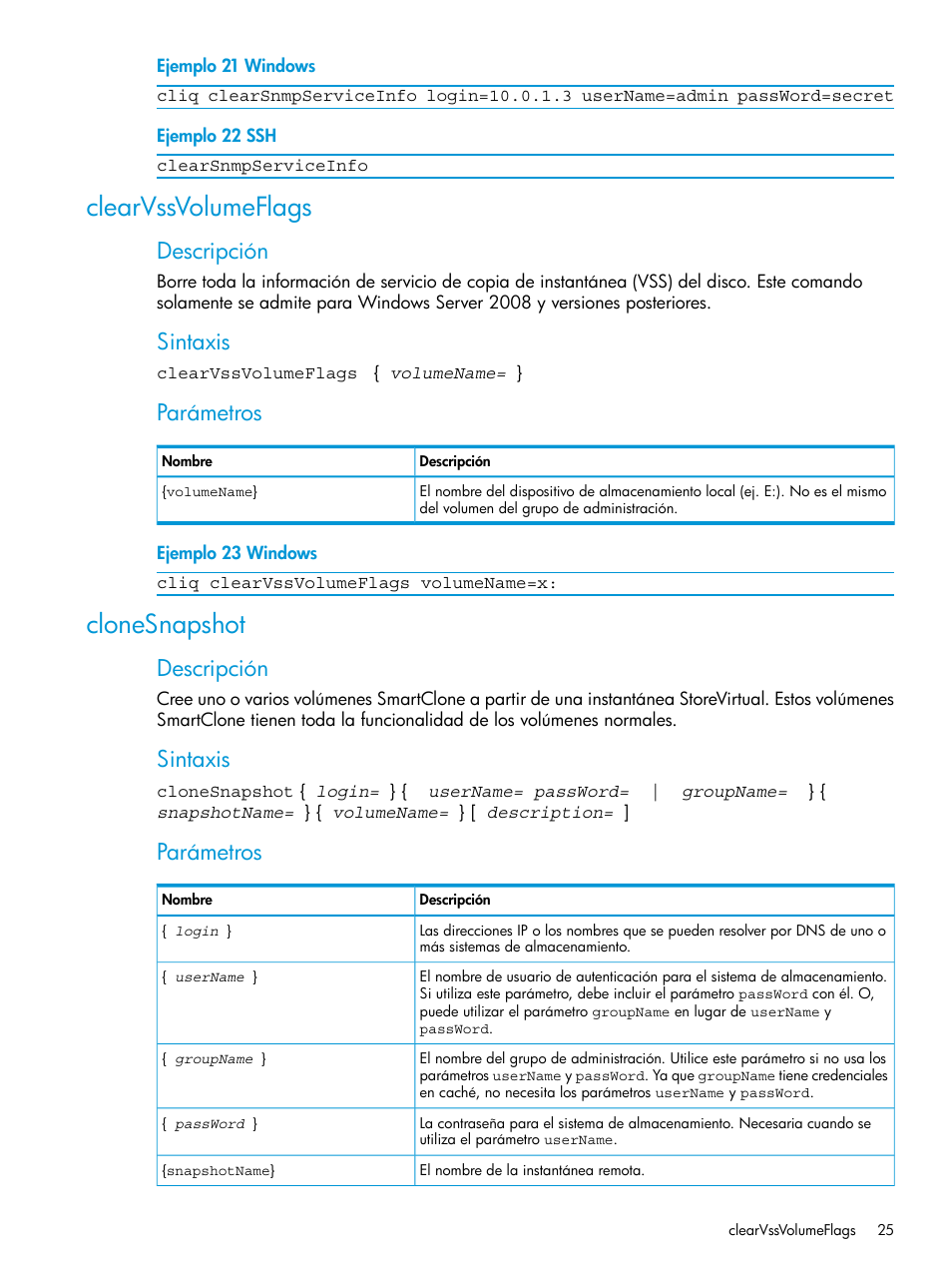 Clearvssvolumeflags, Clonesnapshot, Clearvssvolumeflags clonesnapshot | Descripción, Sintaxis, Parámetros | HP Software de dispositivo HP LeftHand P4000 Virtual SAN User Manual | Page 25 / 127