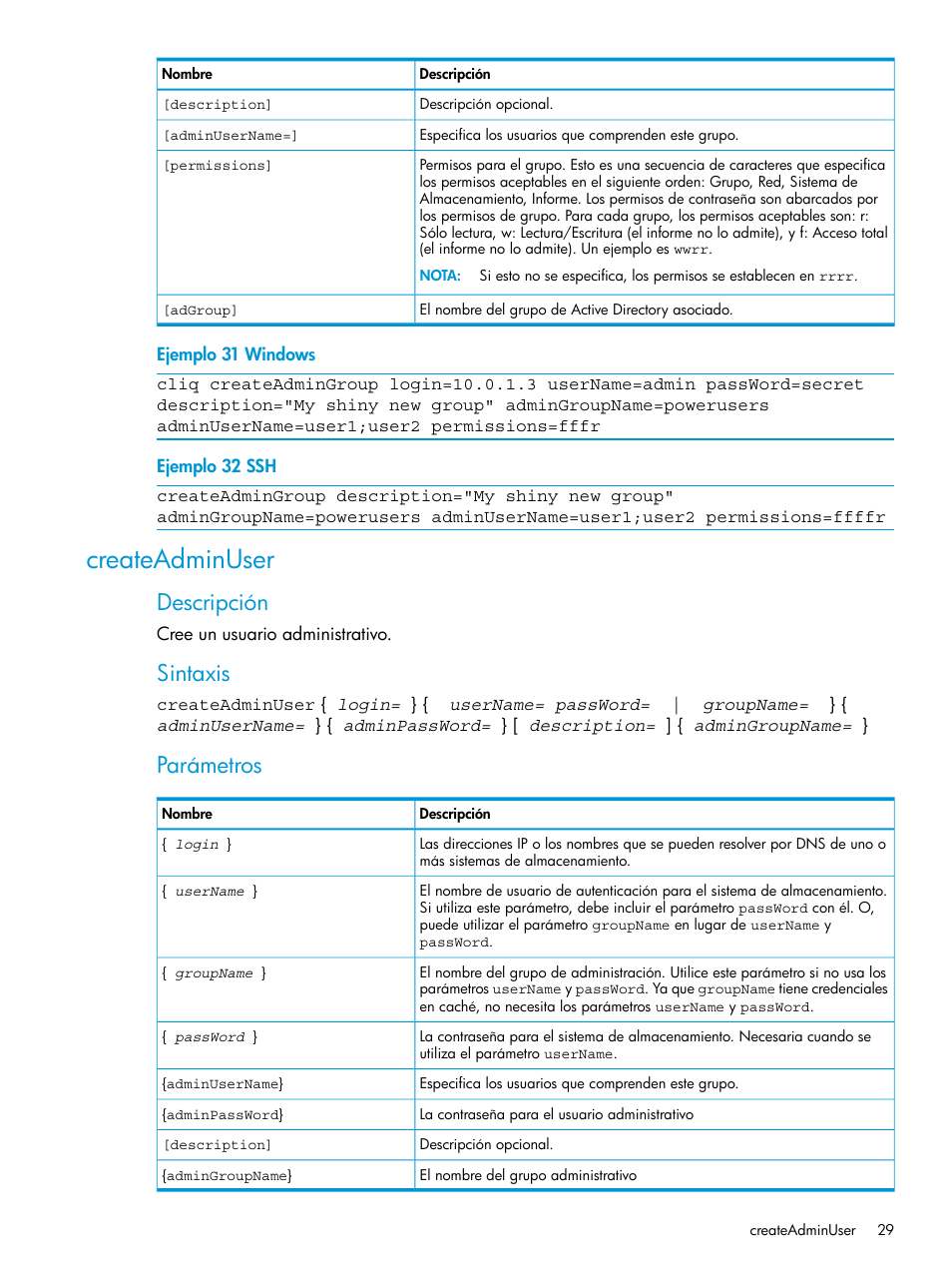 Createadminuser, Descripción, Sintaxis | Parámetros | HP Software de dispositivo HP LeftHand P4000 Virtual SAN User Manual | Page 29 / 127