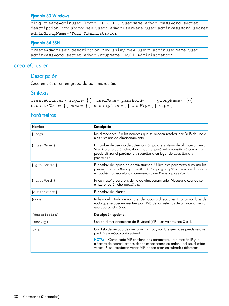 Createcluster, Descripción, Sintaxis | Parámetros | HP Software de dispositivo HP LeftHand P4000 Virtual SAN User Manual | Page 30 / 127