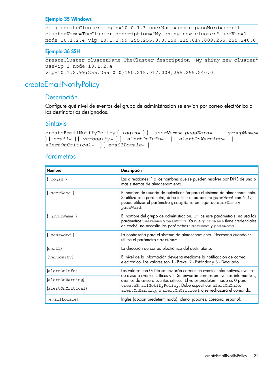 Createemailnotifypolicy, Descripción, Sintaxis | Parámetros | HP Software de dispositivo HP LeftHand P4000 Virtual SAN User Manual | Page 31 / 127