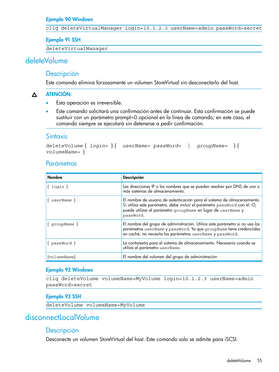 Deletevolume, Disconnectlocalvolume, Deletevolume disconnectlocalvolume | Descripción, Sintaxis, Parámetros | HP Software de dispositivo HP LeftHand P4000 Virtual SAN User Manual | Page 55 / 127