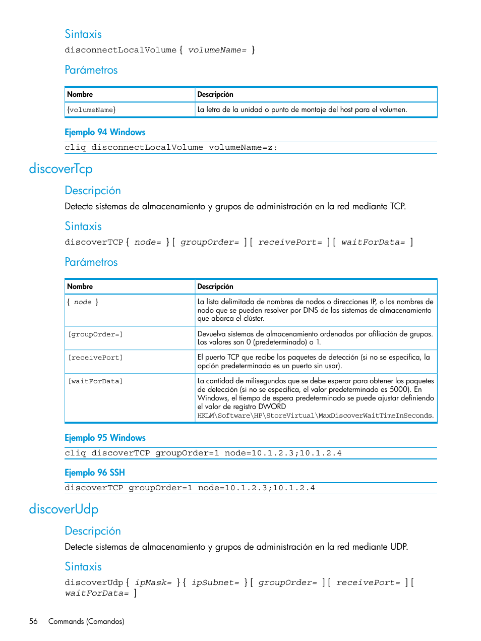 Discovertcp, Discoverudp, Discovertcp discoverudp | Sintaxis, Parámetros, Descripción | HP Software de dispositivo HP LeftHand P4000 Virtual SAN User Manual | Page 56 / 127