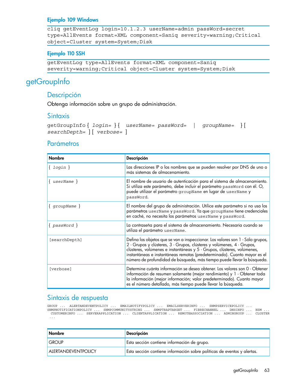 Getgroupinfo, Descripción, Sintaxis | Parámetros, Sintaxis de respuesta | HP Software de dispositivo HP LeftHand P4000 Virtual SAN User Manual | Page 63 / 127