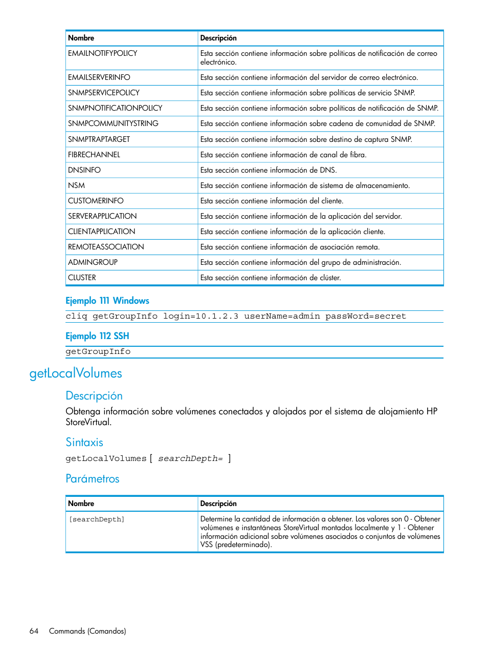 Getlocalvolumes, Descripción, Sintaxis | Parámetros | HP Software de dispositivo HP LeftHand P4000 Virtual SAN User Manual | Page 64 / 127