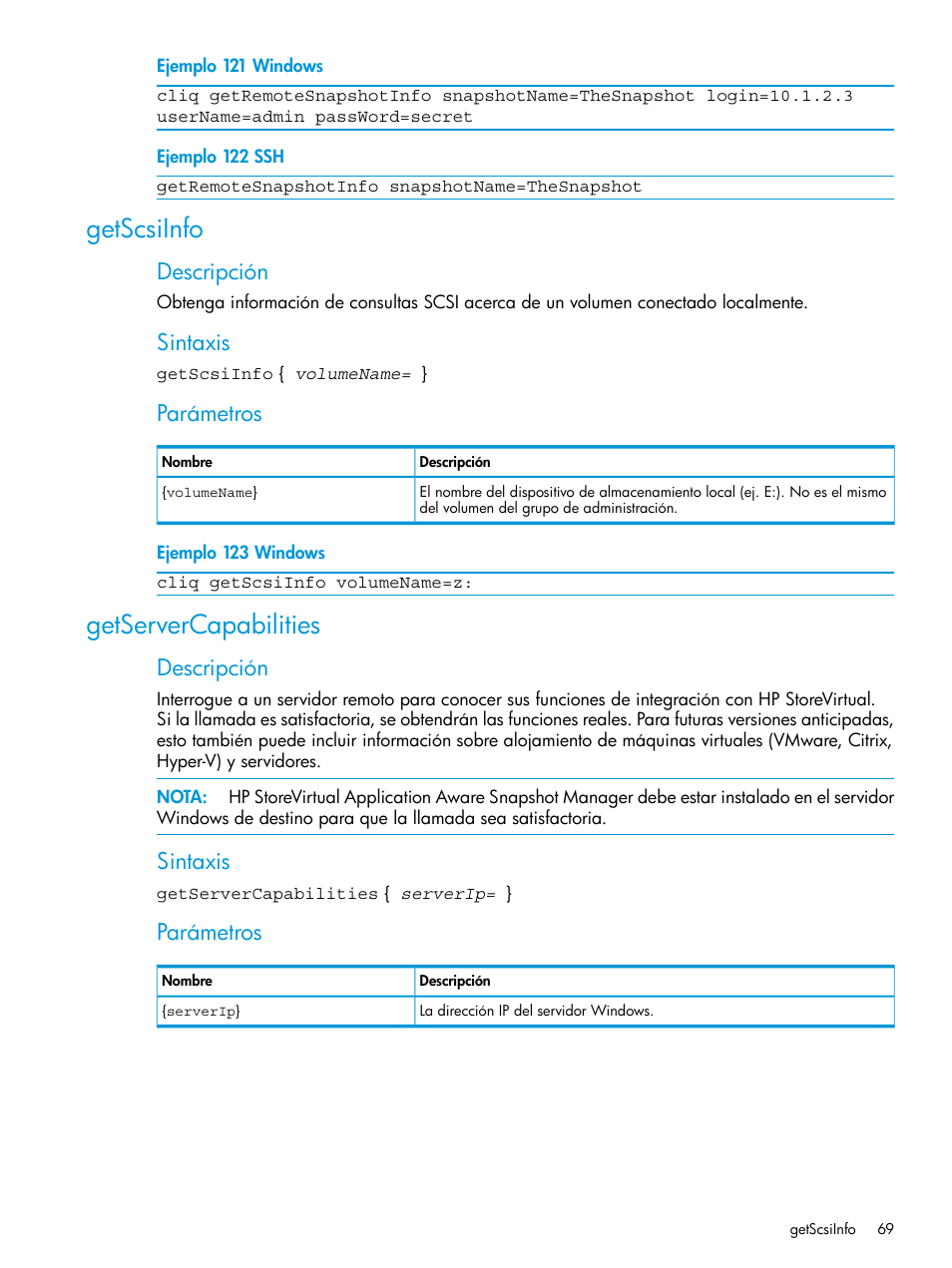 Getscsiinfo, Getservercapabilities, Getscsiinfo getservercapabilities | Descripción, Sintaxis, Parámetros | HP Software de dispositivo HP LeftHand P4000 Virtual SAN User Manual | Page 69 / 127