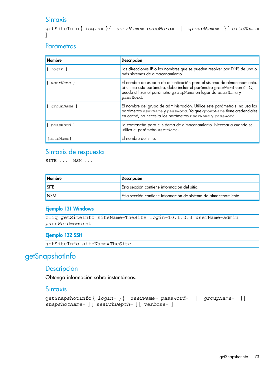 Getsnapshotinfo, Sintaxis, Parámetros | Sintaxis de respuesta, Descripción | HP Software de dispositivo HP LeftHand P4000 Virtual SAN User Manual | Page 73 / 127