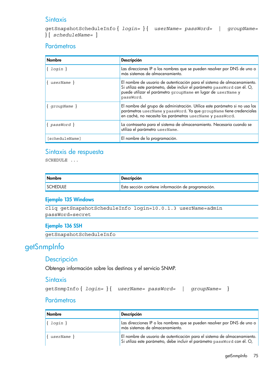 Getsnmpinfo, Sintaxis, Parámetros | Sintaxis de respuesta, Descripción | HP Software de dispositivo HP LeftHand P4000 Virtual SAN User Manual | Page 75 / 127