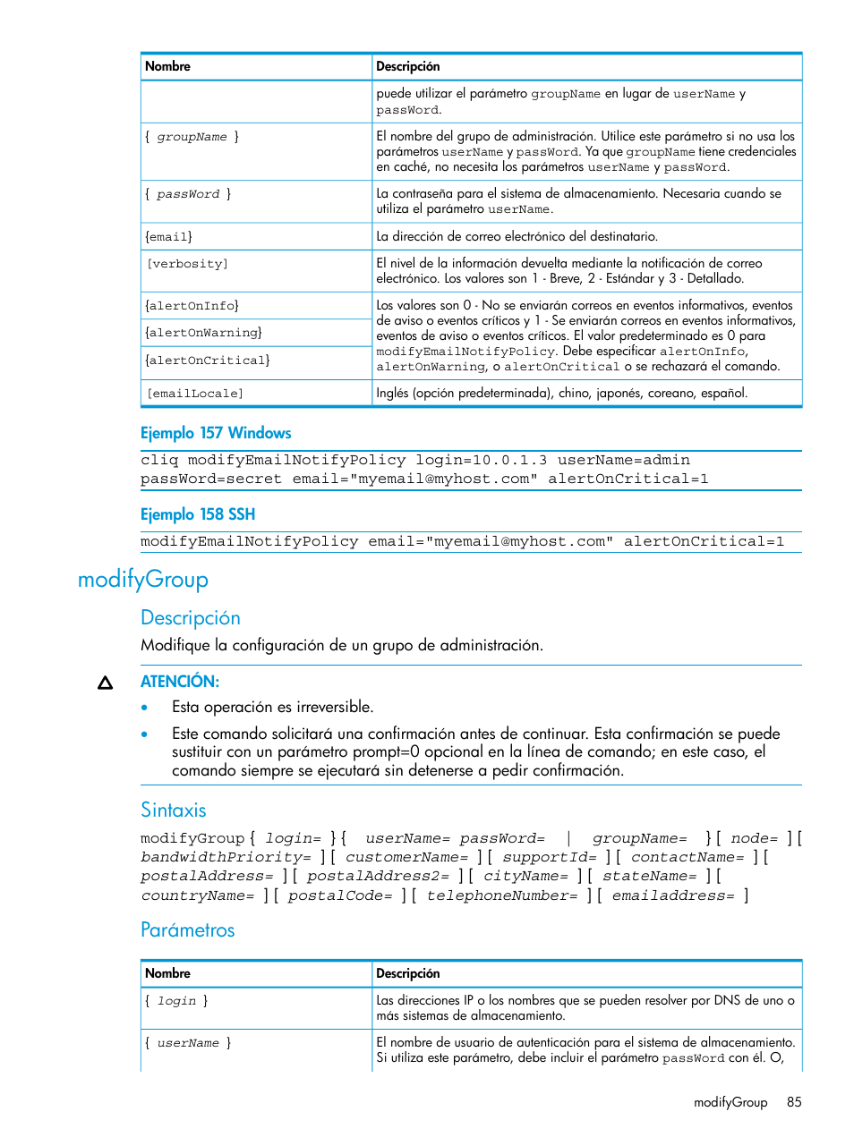 Modifygroup, Descripción, Sintaxis | Parámetros | HP Software de dispositivo HP LeftHand P4000 Virtual SAN User Manual | Page 85 / 127