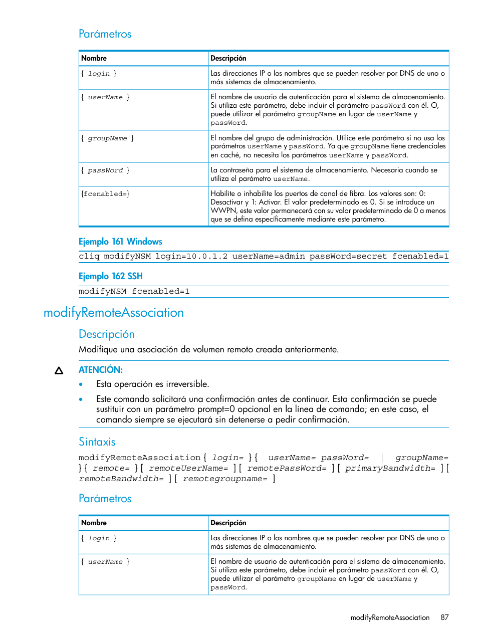 Modifyremoteassociation, Parámetros, Descripción | Sintaxis | HP Software de dispositivo HP LeftHand P4000 Virtual SAN User Manual | Page 87 / 127