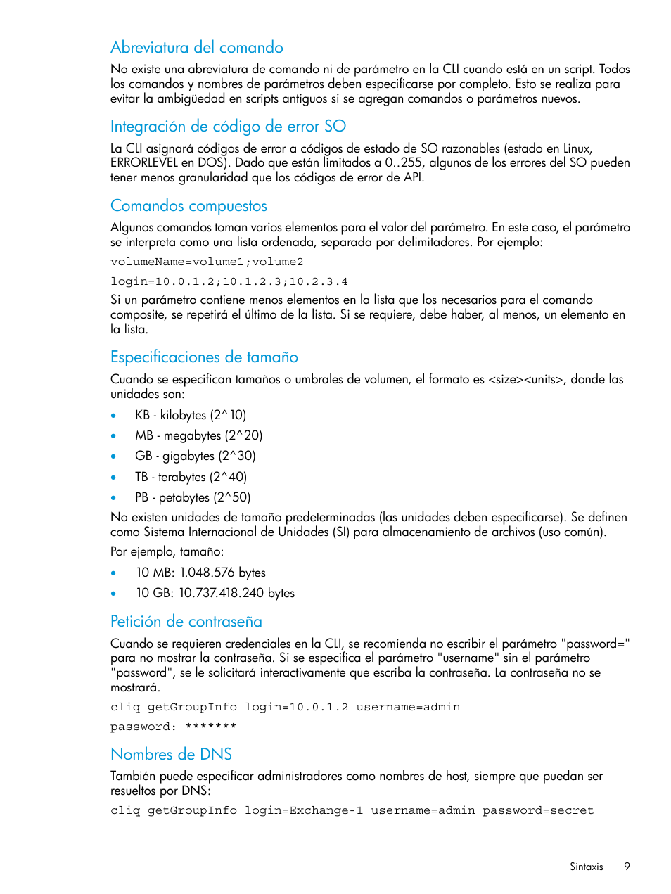 Abreviatura del comando, Integración de código de error so, Comandos compuestos | Especificaciones de tamaño, Petición de contraseña, Nombres de dns | HP Software de dispositivo HP LeftHand P4000 Virtual SAN User Manual | Page 9 / 127